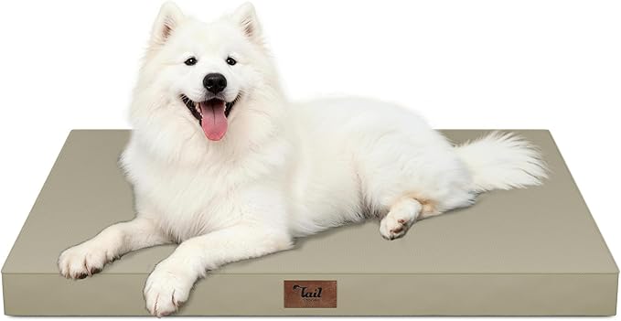 Tail Stories Outdoor Large Washable Dog Bed, Orthopedic Egg Crate Foam Dog Crate Mat for Large Dogs with Removable Oxford Cooling Cover, Khaki