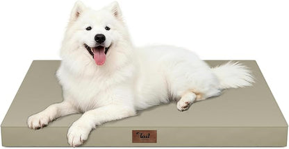 Tail Stories Outdoor Large Washable Dog Bed, Orthopedic Egg Crate Foam Dog Crate Mat for Large Dogs with Removable Oxford Cooling Cover, Khaki