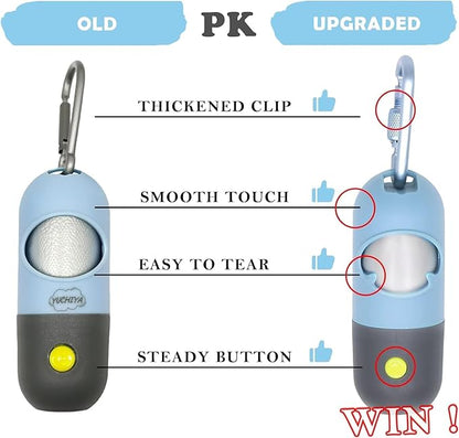 Dog Poop Bag Holder Dispenser with LED Flashlight - Night Visibility for Safe Evening Walks | Upgraded Hands-Free Leash Clip | Includes 15 Dog Waste Bags(Blue)