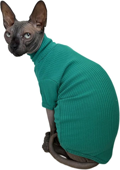 Sphynx Hairless Cats Shirt Cotton Cat Turtleneck Sweater Pullover Kitten T-Shirts with Sleeves Cat Pajamas Jumpsuit for Sphynx (X-Large, Peacock Green)