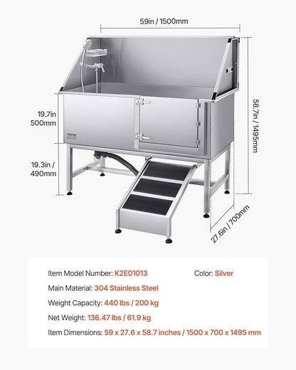 VEVOR Stainless Steel Dog Washing Station, Professional 62 inch Pet Grooming Tub w/Ramp, PE Water Filter Board, Faucet & Showerhead & Soap Holder Bathtub for Large & Medium & Small Pets (Right Door)