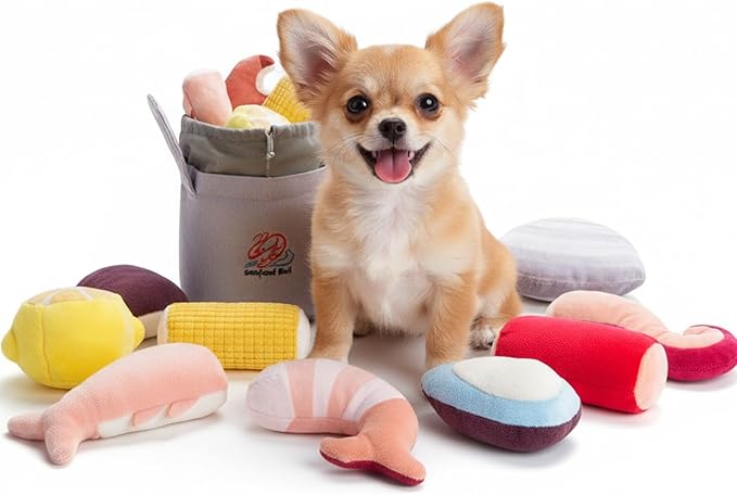 Nocciola 10 PCS Seafood Boil Small Dog Toys for Boredom, Crinkle Dog Squeaky Toys to Keep Them Busy, Plush Stuffed Puppy Toys for Small Medium Dogs