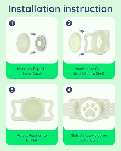 WhoseID IP68 Waterpoof Dog Airtag Holder, Stretchy Silicone Full Body Covered Apple Air Tag Holder for Dog Cat Collar Fit All Width Collar (Luminous, 1 Pack)