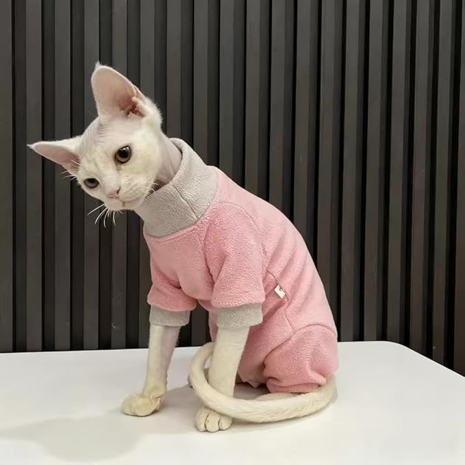 Sphynx Cat Clothes Winter Soft Warm Polar Fleece Turtleneck Pullover Four Leg Jumpsuit Fashion Splicing Base Shirt Cat Apparel, (Small(3-3.9lb))