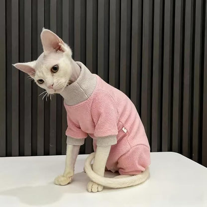 Sphynx Cat Clothes Winter Soft Warm Polar Fleece Turtleneck Pullover Four Leg Jumpsuit Fashion Splicing Base Shirt Cat Apparel, (Small(3-3.9lb))