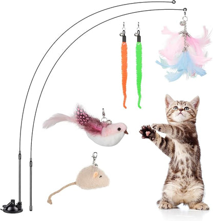 Greoil Interactive Cat Toys for Bored Indoor Adult Cats, 3 in 1 Cat Toys for Bored Cats,7 Pack Cat Teaser Cat Toys, Cats Toy Feather, Super Suction Cup Detachable with Balls and Birds