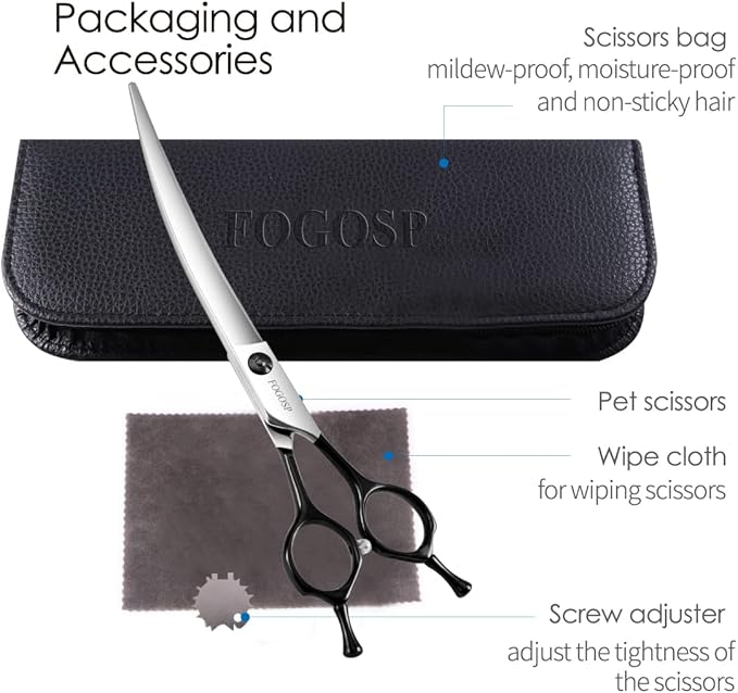 FOGOSP Curved Dog Grooming Scissors Professional 7" Grooming Shears for Dogs Pet Right Handed Groomer Japan 440C Stainless Steel (7 in Curved, Black)