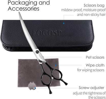 FOGOSP Curved Dog Grooming Scissors Professional 7.5" Grooming Shears for Dogs Pet Right Handed Groomer Japan 440C Stainless Steel (7.5 in Curved,Black)