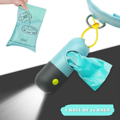 Dog Poop Bag Holder Dispenser with LED Flashlight - Night Visibility for Safe Evening Walks | Upgraded Hands-Free Leash Clip | Includes 15 Dog Waste Bags(Crystal Blue)