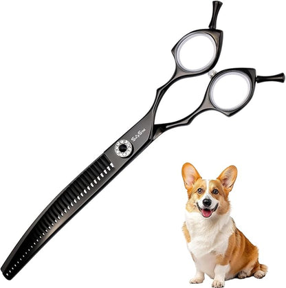 7.5inch Curved Chunker Dog Grooming Scissors, 35 Teeth Professional Dog Cutting Scissors, 25 Degree Bend High-end Shears for Pet Groomers or Family Use, with Symmetric Handle, Thinning Rate 65%, Black