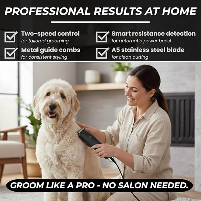 SIMPLYSHEAR Professional Dog Clippers for Grooming | High-Performance 2-Speed Corded Shears for Thick, Curly Coats & Matted Hair | Low-Noise Pet Grooming Kit with Heavy Duty Hair Trimmer, Black
