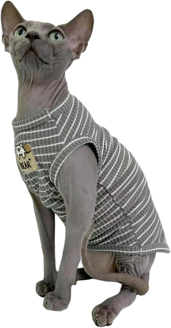 Sphynx Cat Clothes Vest for Hairless Cat, Rib Knit Stripe Cats T-Shirt Apparel, Kitten Summer Cotton Shirts Sleeveless for Cornish Rex, Devon Rex, Peterbald (Grey, M (5.5-7.2 lbs))