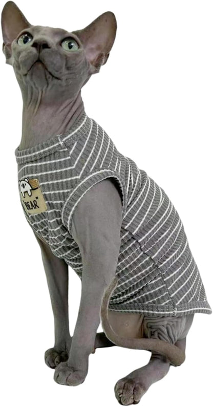 Sphynx Cat Clothes Vest for Hairless Cat, Rib Knit Stripe Cats T-Shirt Apparel, Kitten Summer Cotton Shirts Sleeveless for Cornish Rex, Devon Rex, Peterbald (Grey, M (5.5-7.2 lbs))