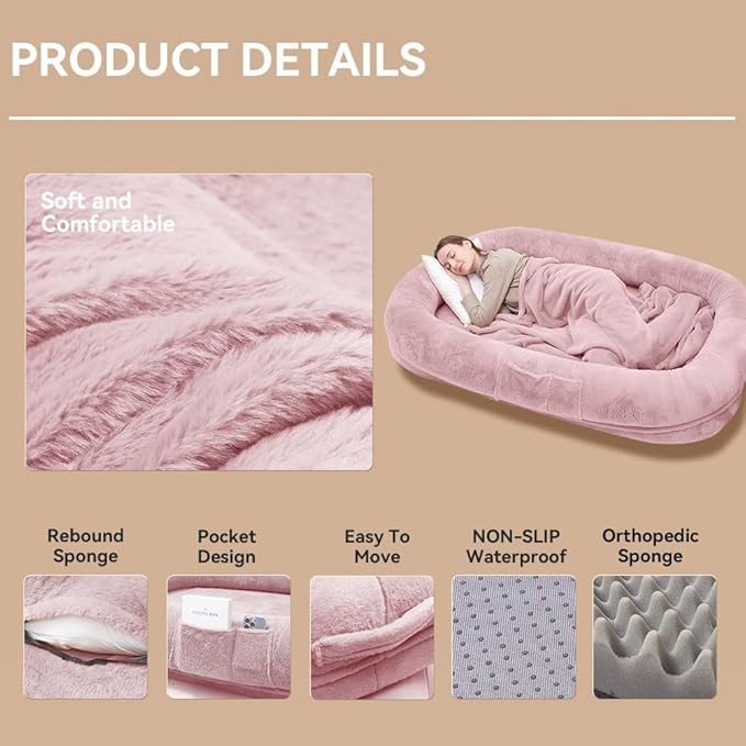 Human Dog Bed 63”x36.6”x11” Large Dog Bed with Raised Cushioned Rim, Removable Cover, Waterproof Lining and Bonus Blanket; Washable-Luxury Fluffy Nap Bed (63"x36.6"x11", Pink)