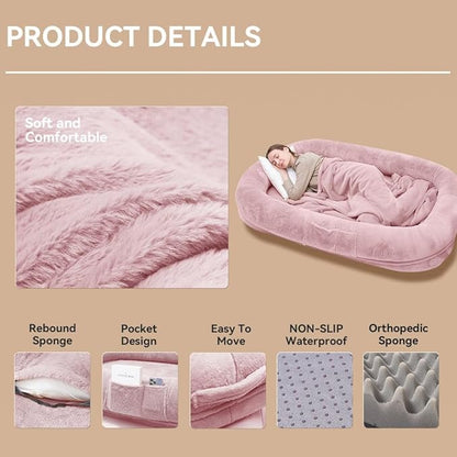 Human Dog Bed 63”x36.6”x11” Large Dog Bed with Raised Cushioned Rim, Removable Cover, Waterproof Lining and Bonus Blanket; Washable-Luxury Fluffy Nap Bed (63"x36.6"x11", Pink)
