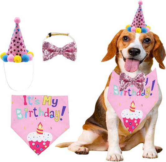 Pet Birthday Party Set with Hat and Bandana for Dogs and Cats with Star Pattern Design, Adjustable Sequin Bow tie Accessories, Pink Birthday Girl Scarf (Pink)