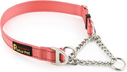 Plutus Pet Martingale Dog Collar with Stainless Steel Chain and Reflective Nylon, Adjustable No Pull Training Collar, for Small Medium, and Large Dogs, Pink, L