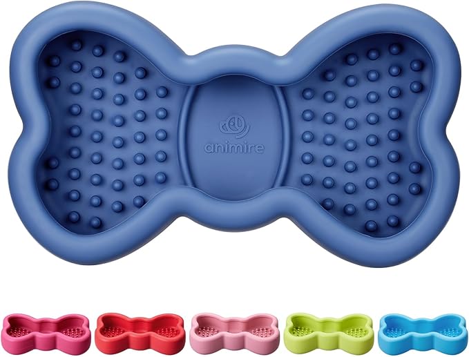 Lick Mat for Dogs, Animire Anti-Spilled Bow Tie Lick Bowls for Anxiety Relief, Silicone Slow Feeder Licking Pad with Suction Cups, Freezeable Dog Enrichment Toy for Boredom(Dark Blue,L)