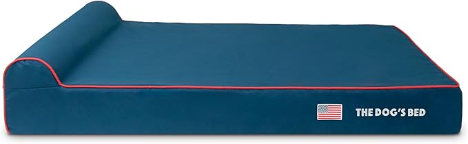 The Dog’s Bed Orthopedic Headrest Dog Bed XXL Blue Oxford with Red Trim US Flag, Memory Foam, Hip & Elbow Dysplasia, Post Surgery, Lameness, Waterproof Washable Cover, Veterinary Approved