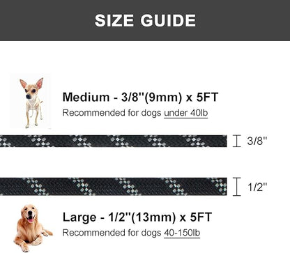 5 FT Slip Lead Dog Leash, Heavy Duty Rope Leash for Small Medium Large Dogs, No Pull Training Lead with Reflective Thread, Strong Comfortable Loop Leash (Black Stripe, Large(1/2"))