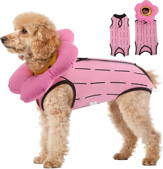 EMUST 2PCS Cat Recovery Suit and Cat Surgery Suit, Cotton Breathable Cats Spay Recovery Suit, Adjustable Cute Flower Neck for Cats 8-16lb(Pink, L)