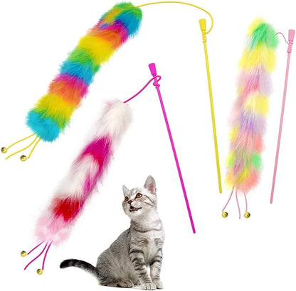 Lepawit 3 Pack Cat Wand Toy, Rainbow Cat Feather Toys with Bells, Teaser Wand with Soft Furry Tail, Interactive Toys for Indoor Cats & Kitten & Kitty