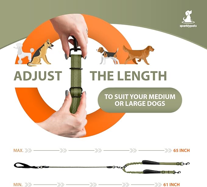 SparklyPets - Double Dog Bungee Rope Leash - Dual Dog Lead for Medium and Large Breeds - Padded Handles, No Tangle - Flow Leash, 2 Dogs Walking Accessory