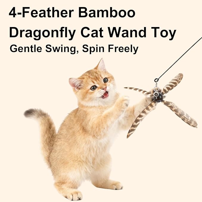ottmat Cat Wand Toys Interactive for Indoor Cats, 4PC 4-Blade Feather Propeller Refills, 1PC Cat Wand (Small, Wild)