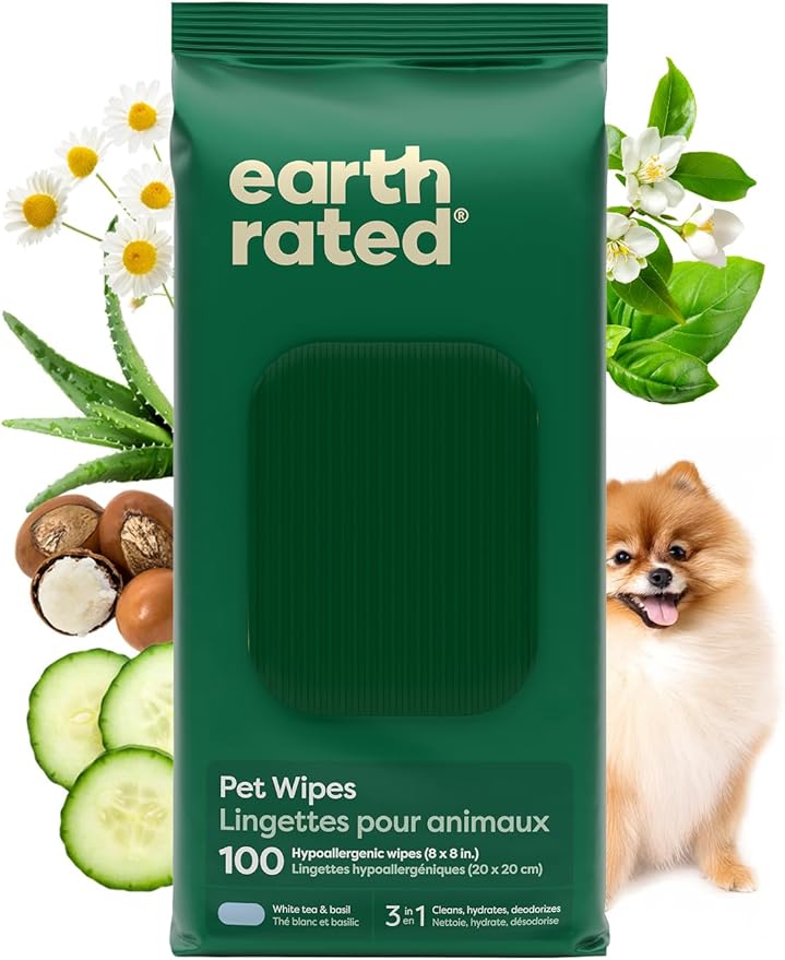 Earth Rated Pet Wipes for Dogs and Cats, Hypoallergenic, 3-in-1 Cleaning, Deodorizing and Hydrating, for Grooming Paws, Body and Butt, New White Tea and Basil Scent, 100 Count