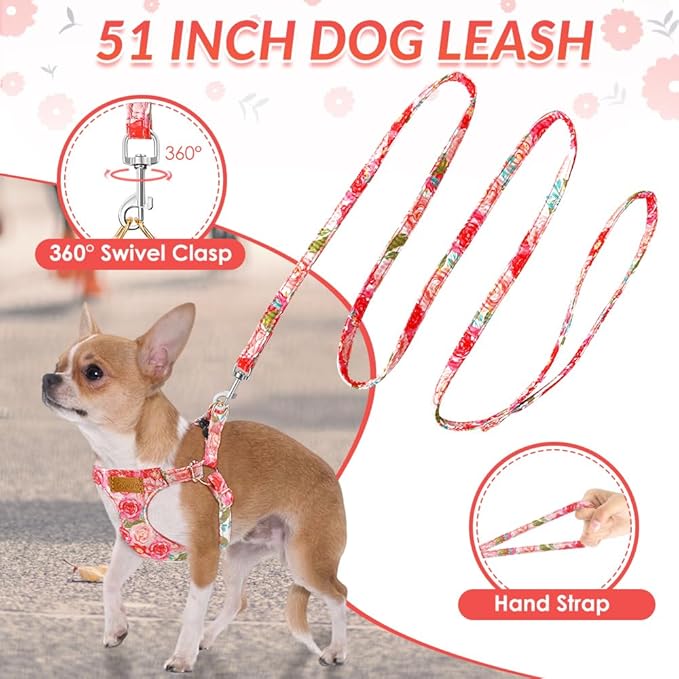 SlowTon Dog Harness Small Sized Dog - Soft XXS Dog Harness and Leash Set No Pull No Chock, Adjustable Lightweight Puppy Harness for XS Small Medium Dogs Cats (Pink Rose, XXS)
