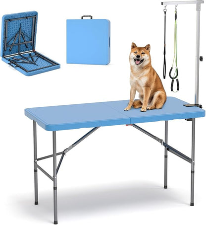 ynhurenth 49'' Pet Grooming Table for Large Dogs, Foldable Professional Grooming Table for Dogs at Home with Double Loops/Adjustable Arm, Capacity up to 330lbs, Blue