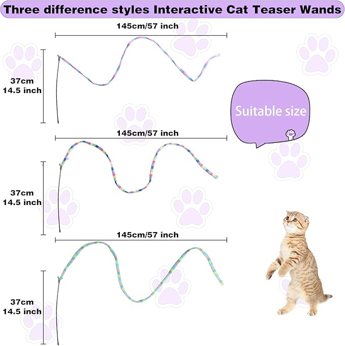 M JJYPET Cat Wand Toys Interactive Kitten Toys Cat Teaser Wand String Feather for Indoor Colorful Ribbon Wands Stick Toy Cat Charmer-3 Packs