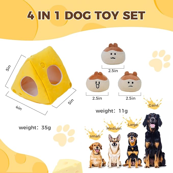 Hide and Seek Plush Stuffed Dog Toys, Squeaky Chew Toys with Crinkle Papper, Funny Toy Bundle Pack Perfect for Small, Medium and Large Dogs Reduce Boredom, Teeth Cleaning (Medium, Cheese)