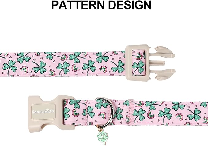 Lionet Paws St. Patrick Dog Collar- Rainbow Clover Pink Dog Collars with Plastic Buckle, Light Adjustable Dogs Collars with Clover Pendant for Small Medium Dogs