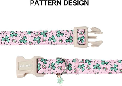 Lionet Paws St. Patrick Dog Collar- Rainbow Clover Pink Dog Collars with Plastic Buckle, Light Adjustable Dogs Collars with Clover Pendant for Small Medium Dogs