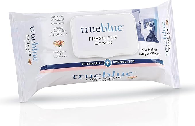 TrueBlue Milk & Honeysuckle Fresh Fur Cat Cleaning Wipes - Pre-Moistened Cleansing Pads for Cleaning Dirty Paws, Coats, Cats, Kittens – Extra Large – 8”x7” – 100 Count