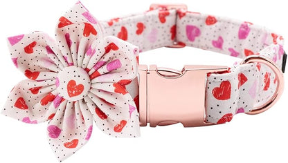 Lionet Paws Valentine‘s Day Dog Collar with Flower, Soft and Comfortable, Adjustable Collar for Medium Dogs Girl, Neck 13.5-22 inches
