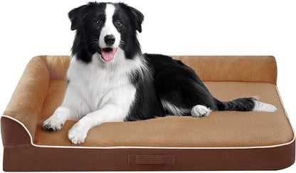 Dog Bed Large Sized Dogs, Orthopedic Dog Bed for Large Dogs, Waterproof Pet Bed with Washable Removable Cover, L-Shaped Pet Couch with Portable Handle 36"x27"x6.5", Brown
