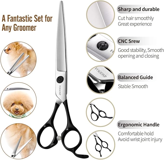 FOGOSP Professional 7.5" Dog Grooming Scissors Kit 4pcs, JP 440C Stainless Steel Curved Blender Straight Chunker Shears for Dog Cat and Pets (7.5 in Kit, Black)