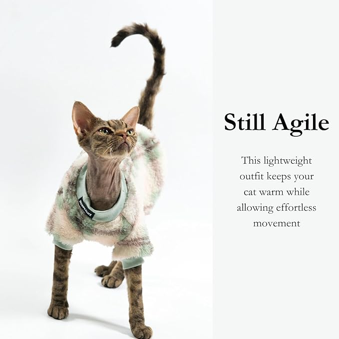 Cat Double-Sided Fleece Clothes, Soft Warm Winter Jumpsuit Sweater Shirt Clothing for Hairless Sphynx, Devon & All Indoor Kittens (Khaki,M)