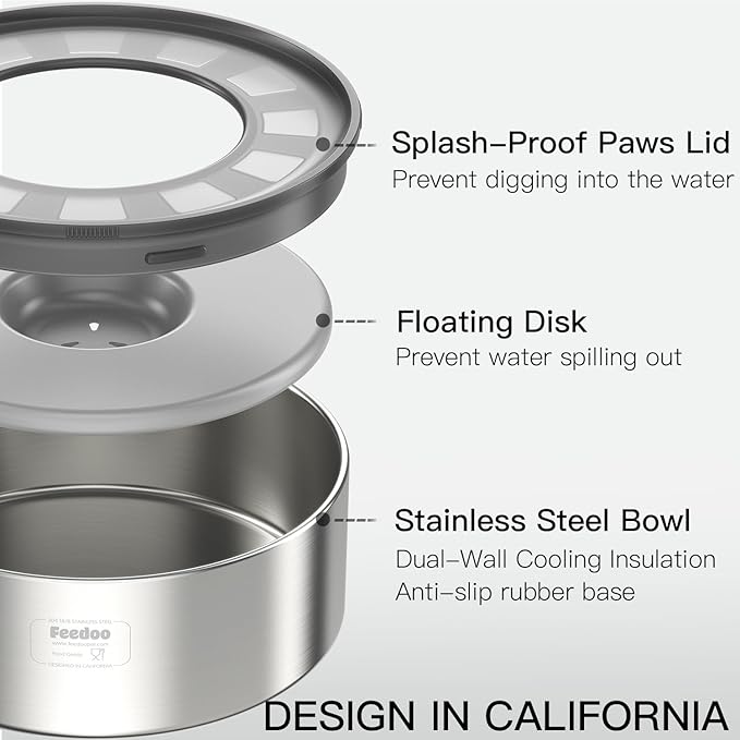 Feedoo 1Gallon No Spill Water Bowl for Dogs, Double-Wall Stainless Steel with Splash-Proof Paws Lid and Floating Disk, Non-Slip Base, Easy to Clean Slow Water Feeder for Large Medium Dogs