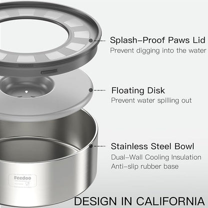 Feedoo 1Gallon No Spill Water Bowl for Dogs, Double-Wall Stainless Steel with Splash-Proof Paws Lid and Floating Disk, Non-Slip Base, Easy to Clean Slow Water Feeder for Large Medium Dogs