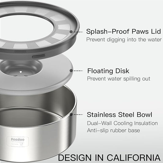 Feedoo 2L No Spill Water Bowl for Dogs, Double-Wall Stainless Steel with Splash-Proof Paws Lid and Floating Disk, Non-Slip Base, Easy to Clean Slow Water Feeder for Small Medium Dogs