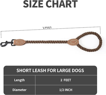 Mile High Life Short Dog Leash, Braided Cotton Rope Leashes with Leather Tip - Heavy Duty Metal Clasp, 18IN, 1/2" Thick - Wedding, Walking & Training Leash for Medium Large Dogs