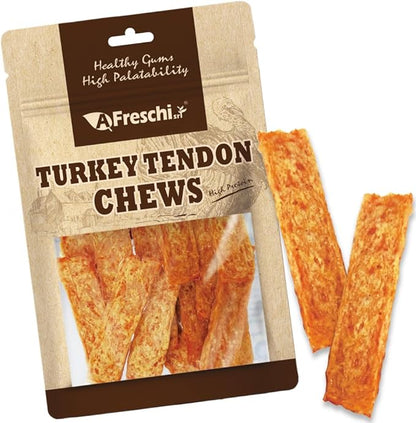 A Freschi srl Turkey Tendons for Dogs, USA-Sourced, Healthy Dog Treats, Rawhide-Free Puppy Chews, Long Lasting, All Natural, Hypoallergenic Dog Treats, Sliced, 3.5 oz Pack