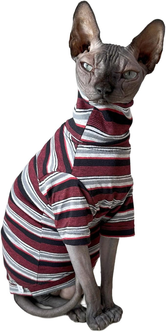 Vintage Stripes Sphynx Hairless Cats Shirt Cotton Cat Turtleneck Pet Clothes Kitten T-Shirts with Sleeves for Sphynx Cats (Old School, X-Large)