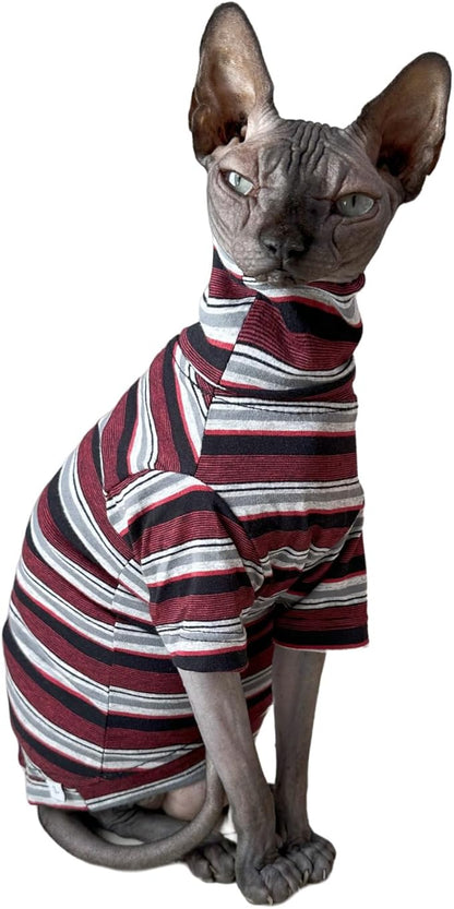 Vintage Stripes Sphynx Hairless Cats Shirt Cotton Cat Turtleneck Pet Clothes Kitten T-Shirts with Sleeves for Sphynx Cats (Old School, XX-Large)