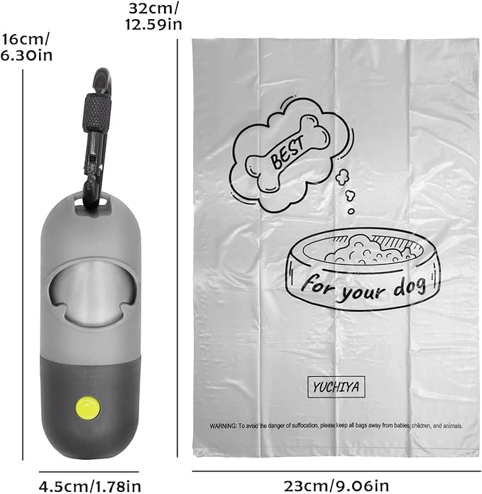 Dog Poop Bag Holder Dispenser with LED Flashlight - Night Visibility for Safe Evening Walks | Upgraded Hands-Free Leash Clip | Includes 15 Dog Waste Bags(Gray)