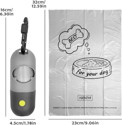 Dog Poop Bag Holder Dispenser with LED Flashlight - Night Visibility for Safe Evening Walks | Upgraded Hands-Free Leash Clip | Includes 15 Dog Waste Bags(Gray)