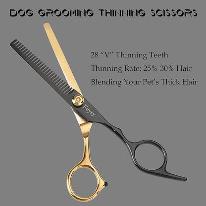 Dog Grooming Scissors Kit, Fcysy Professional Pet Shears for Cats at Home, Dog Grooming Tools with Curved & Straight Blades Scissors Thinning Shears Pet Supply Set